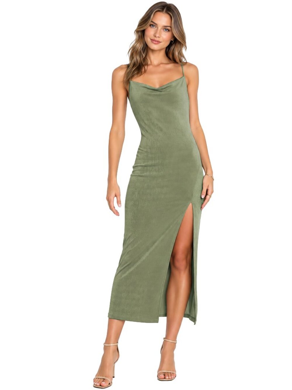 Petal & Pup Diani Dress Thigh High Side Slit Slinky Bodycon Olive Green NWT